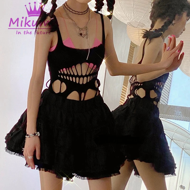 Punk Rock Sexy Cut Out Ärmellose Camis Tank Top Y2k Harajuku Gothic Frauen Elastische Hosenträger Mesh Leibchen Chic Streetwear So ist Leben