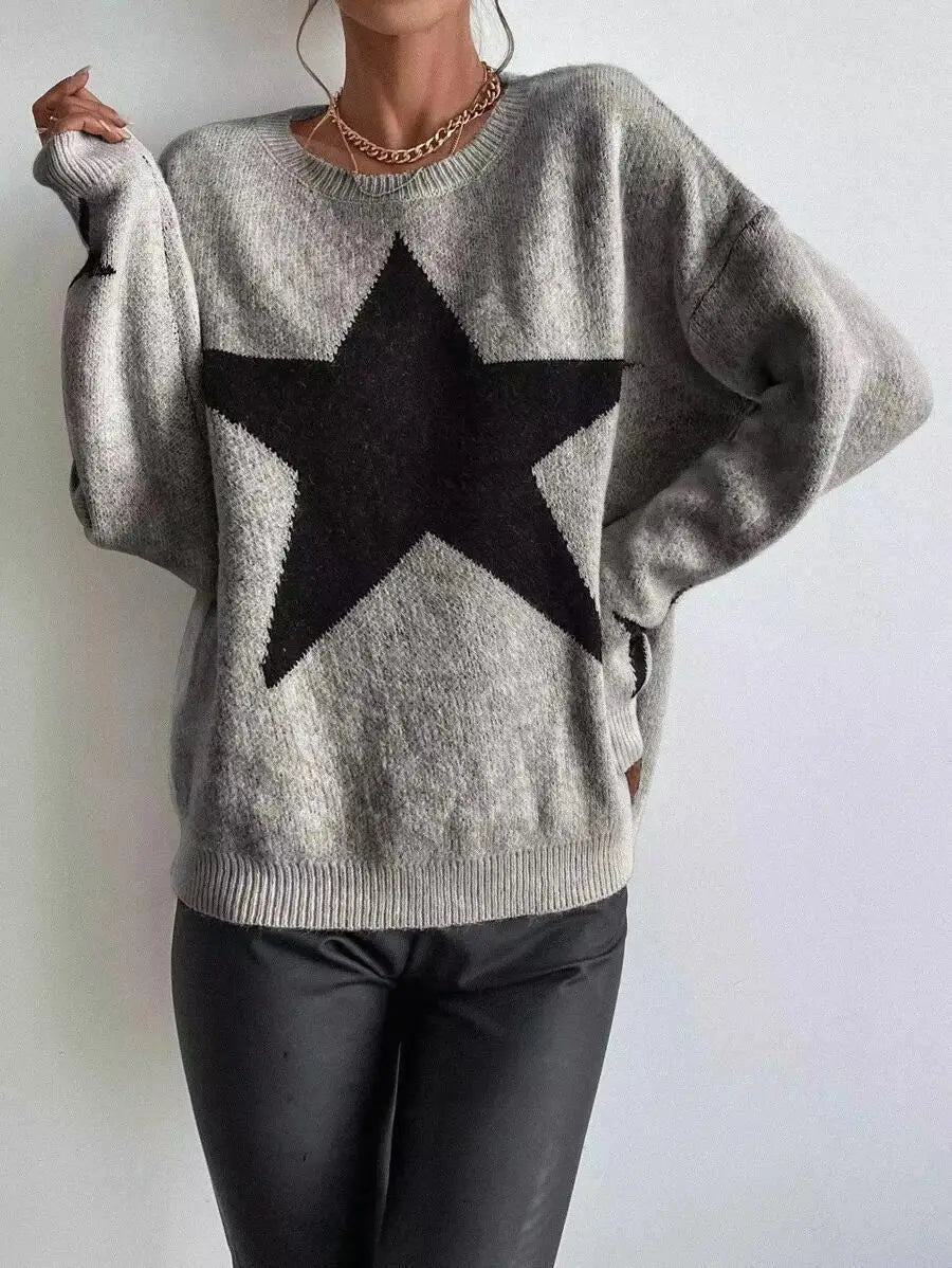 Stern Pullover Pullover Frauen Herbst Frühling Einfache Strick Elastische Pullover Jumper Casual Dicke Warme Schwarz Weiß Grundlegendes Jumper So ist Leben
