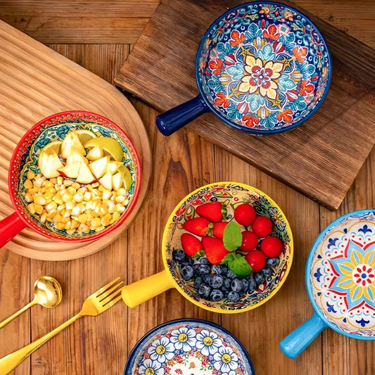 Handbemalte, gemusterte, gemusterte Salatschüssel aus böhmischer Keramik mit Griff, Küchen-Backgeschirr, mikrowellen- und ofenfest, 1 Stück So ist Leben
