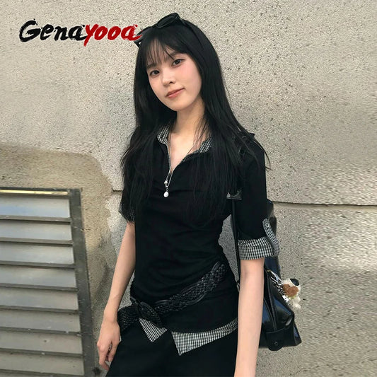 Genayooa American Retro Patchwork Shirt Damen Halbarm Freizeithemden Y2k Vintage Fake Two Pieces Tops Japanische 2000er Jahre T-Shirts So ist Leben