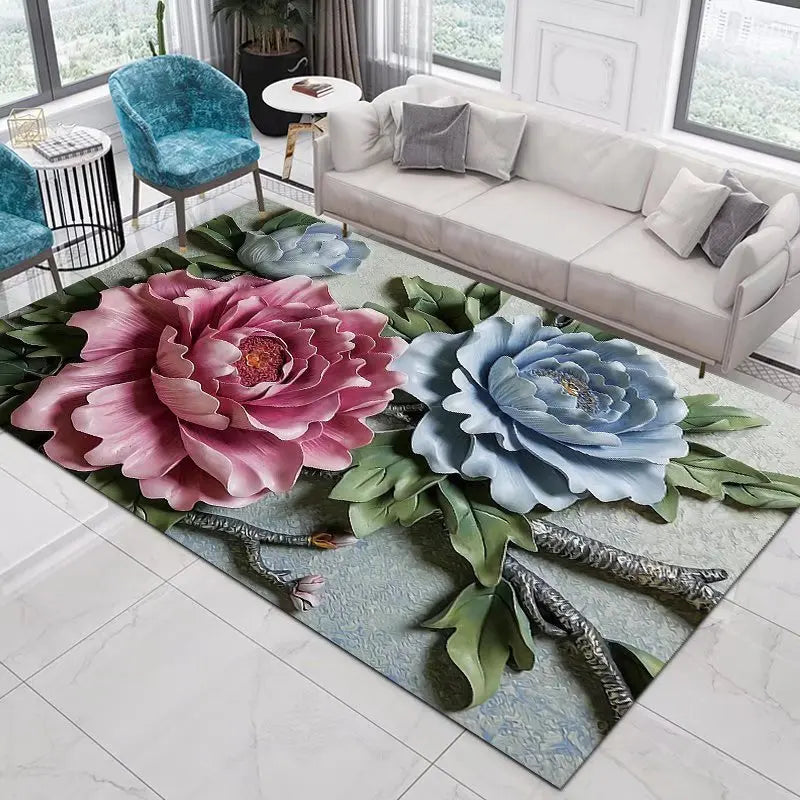 Blumen-Rose-Pfingstrose-Pastoral-3D-gedruckter Teppich-Wohnzimmerteppich - So ist Leben