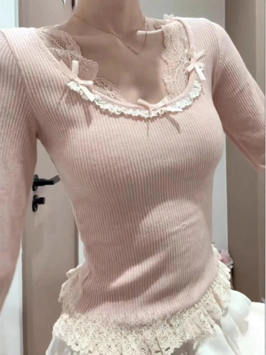 Herbst Französisch Elegante Sexy Coquette Tops frauen Y2k Elegante Streetwear T Shirt Bogen Spitze Patchwork Schlank Süße Tees So ist Leben