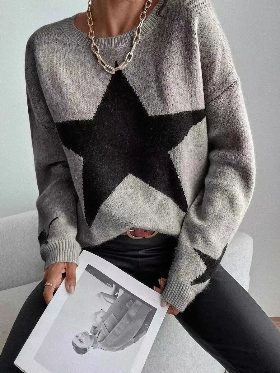 Stern Pullover Pullover Frauen Herbst Frühling Einfache Strick Elastische Pullover Jumper Casual Dicke Warme Schwarz Weiß Grundlegendes Jumper So ist Leben