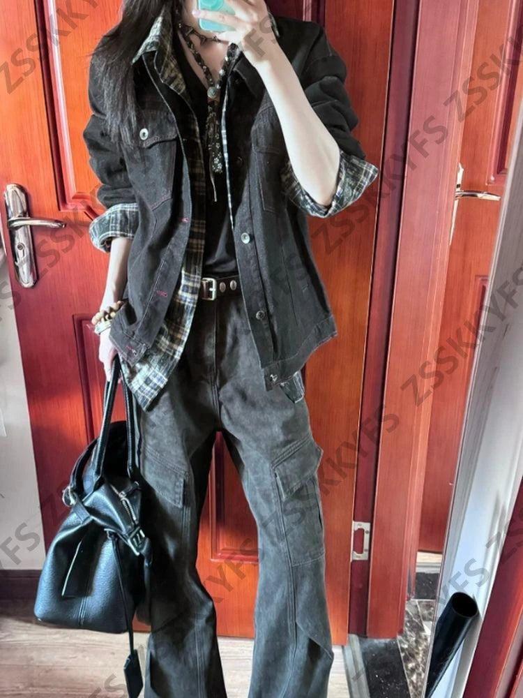 Ästhetik Mantel Goth Punk Vintage Denim Shirt Y2k 2000er Jahre High Street Harajuku Button Plaid Basics Hot Girl Grunge Emo Jacke Chic So ist Leben