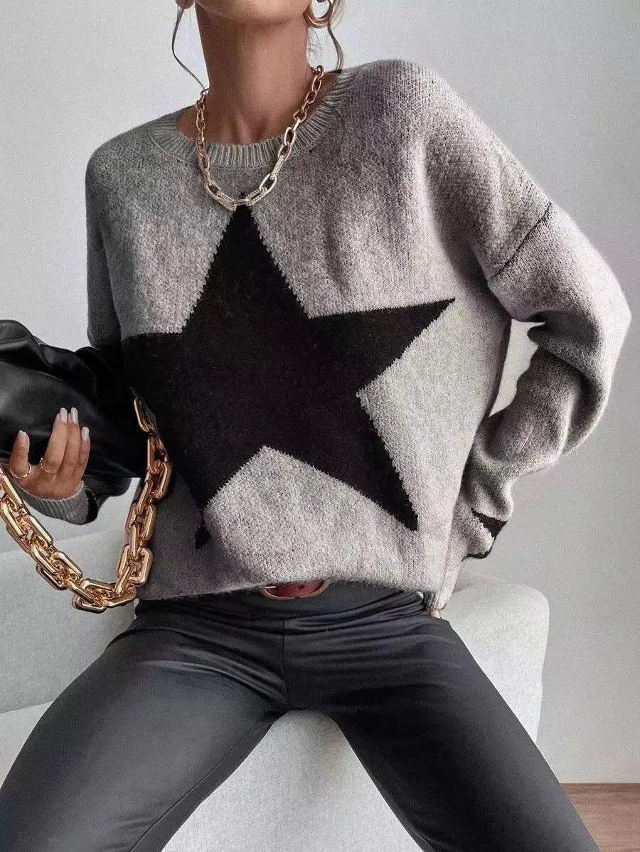 Stern Pullover Pullover Frauen Herbst Frühling Einfache Strick Elastische Pullover Jumper Casual Dicke Warme Schwarz Weiß Grundlegendes Jumper So ist Leben