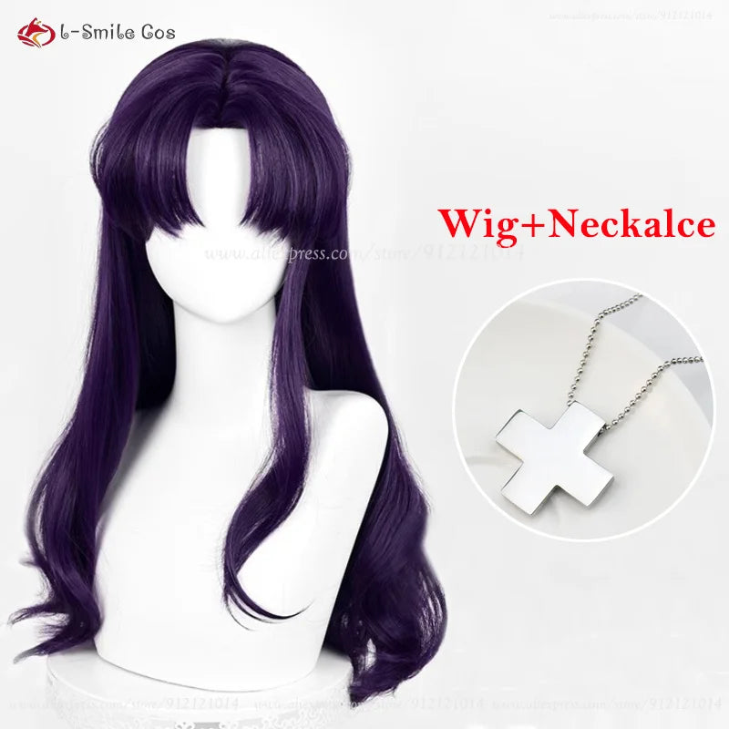 Anime EVA Katsuragi Misato Cosplay Perücke 55 cm Lange Perücke Schwarz Lila Lockiges Haar Hitzebeständige Synthetische Perücken Halloween Party So ist Leben