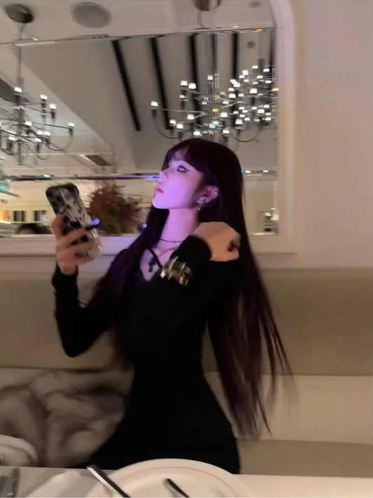 Seeslim Schwarz Sexy Back Hollow Out Damen T-Shirt Goth Langarm Slim 2000er Jahre Kleidung Y2k Tees Damenbekleidung Herbst Tops Chic So ist Leben