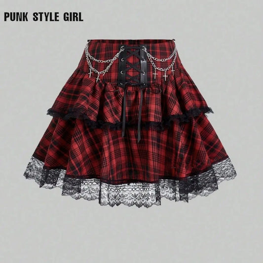 Plaid Print Subkulturen Punk Rock Y2k Mini Rock Hohe Taille Rüschen Kuchen Spitze Up Harajuku Gothic 2000er Jahre Ballkleid röcke für Frauen So ist Leben