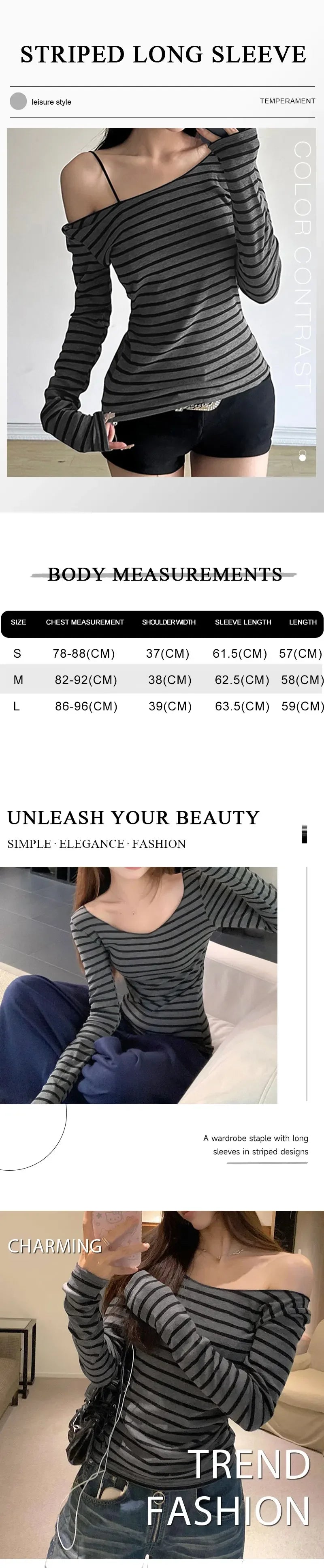 Frühling Herbst Damen Neue japanische Grundmodelle Schlankes langärmeliges gestreiftes T-Shirt Trägerloses koreanisches Street Style y2k dünne Tops So ist Leben