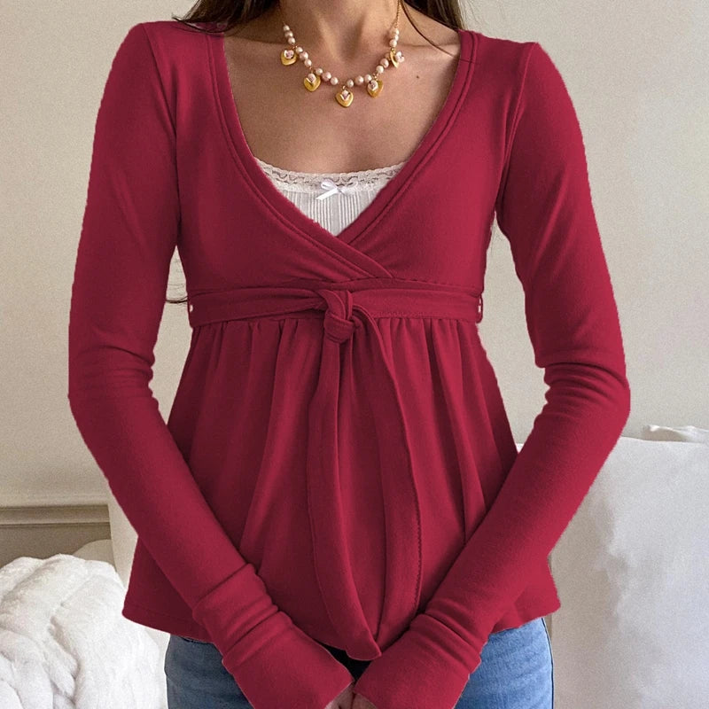 Frauen Fee Y2k Cottage T-shirt Kokette V-ausschnitt Langarm Babydoll Tees Herbst Frühling Casual Pullover Tops Vintage Kleidung So ist Leben