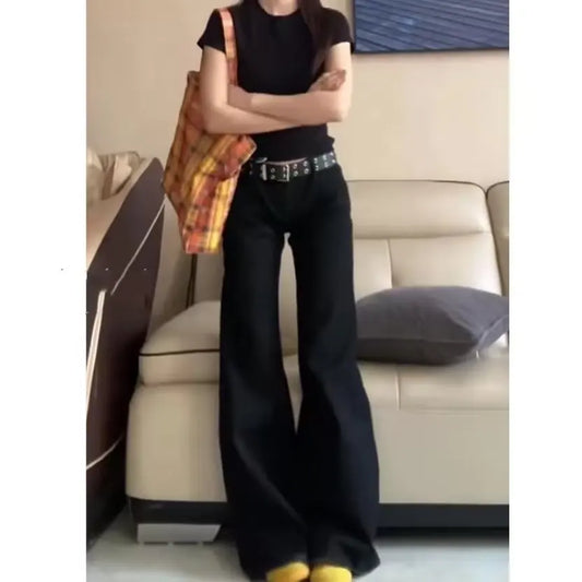 Schwarze Low-Waist-Schlagjeans aus Denim – Trendige, lockere Retro-Hose mit weitem Bein und Bodenlänge für den sexy Street-Style So ist Leben