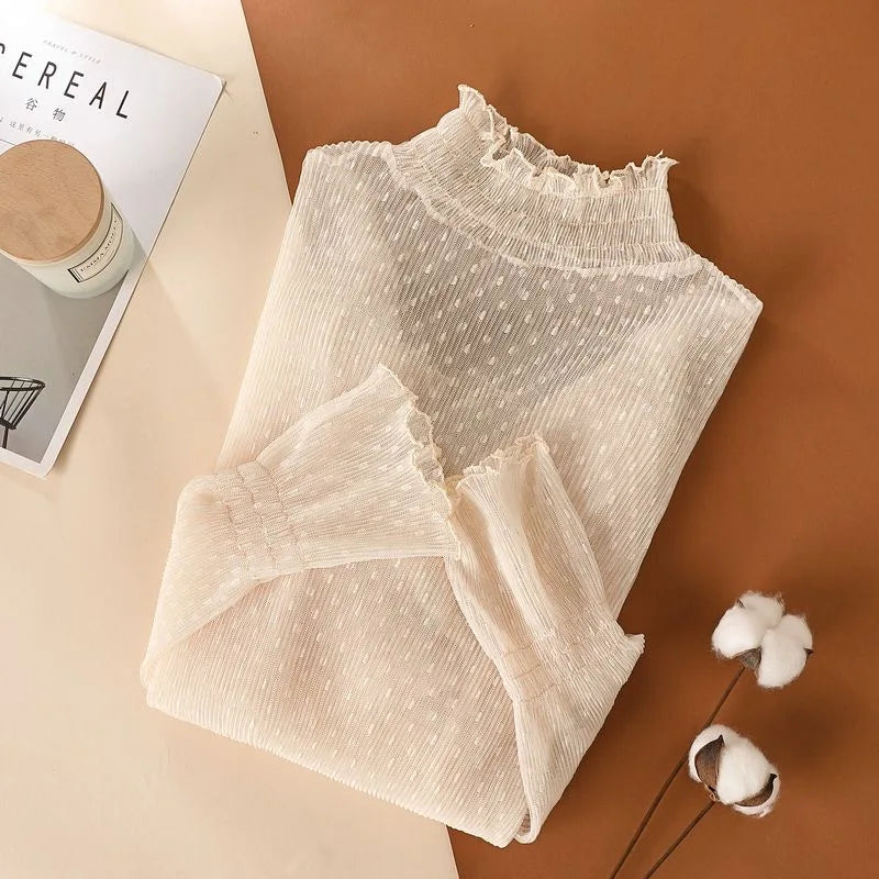 Frauen Sexy Mesh Durchsichtig T-shirt Lange Glocke Hülse Aushöhlen Bluse Sommer Transparent Sheer High Neck Bodenbildung Basic Tee - So ist Leben