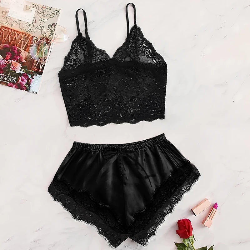 1Damen 2-teiliges sexy Spitzen-Pyjama-Set, durchsichtiges Bralette, Cami-Top und Shorts, atmungsaktive Nachtwäsche, Sommer-Dessous in Übergröße So ist Leben