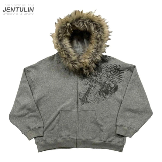 Y2K Retro Zip up Hoodie Faur Kragen Harajuku Streetwear Hip Hop Zipper Sweatshirt Hoodies Unisex Rock Goth Lose Punk EMO Jacke So ist Leben