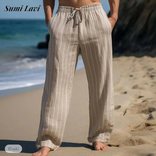 Tägliche Freizeit Herren Lose Gerade Hosen Vintage Kordelzug Gestreiften Leinen Hosen Männer Sommer Outdoor Casual Atmungsaktive Hose So ist Leben