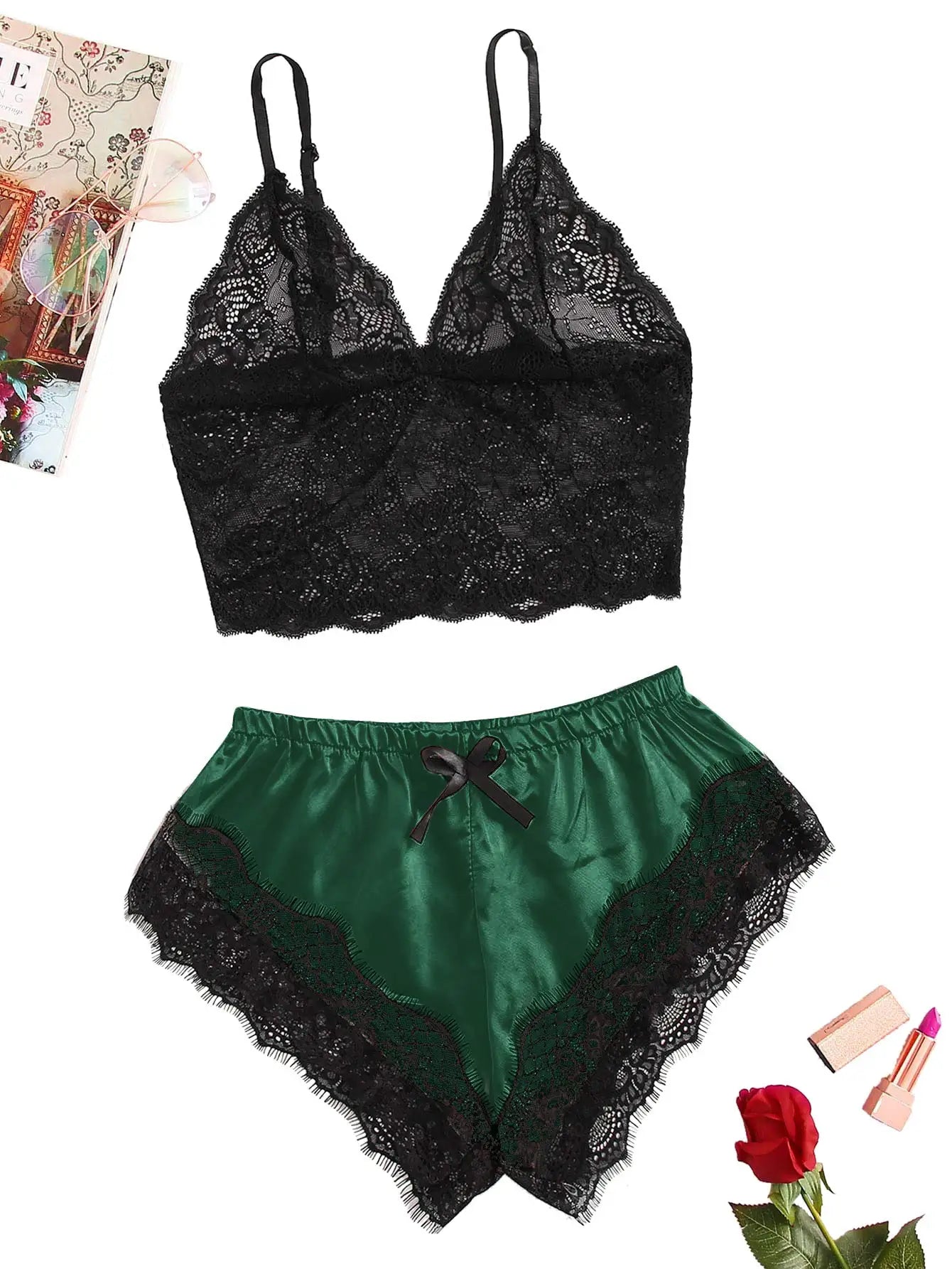 1Damen 2-teiliges sexy Spitzen-Pyjama-Set, durchsichtiges Bralette, Cami-Top und Shorts, atmungsaktive Nachtwäsche, Sommer-Dessous in Übergröße So ist Leben