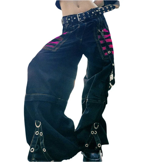Gothic Frauen Punk Cargo Hosen Dark Academia Ästhetische Hohe Taille Baggy Hosen mit Taschen Grunge Streetwear Y2k So ist Leben