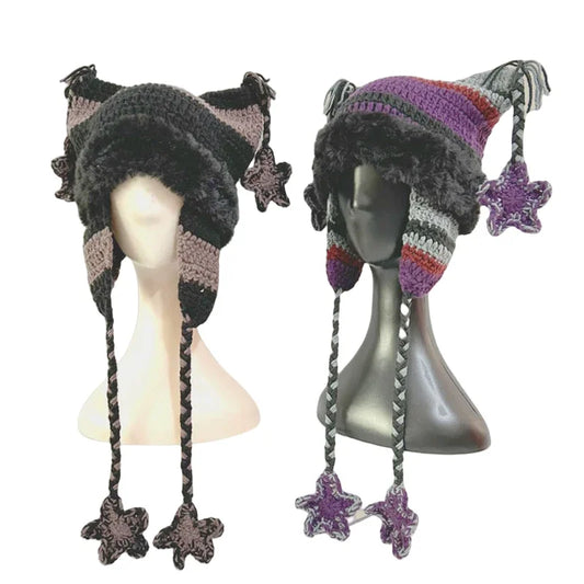 Japanische Designer Pentagramm Skullies Beanie Frauen Herbst Winter Warm Gehörschutz Handgemachte Gestrickte Hut Katzenohren Streifen Kappe Y2K So ist Leben