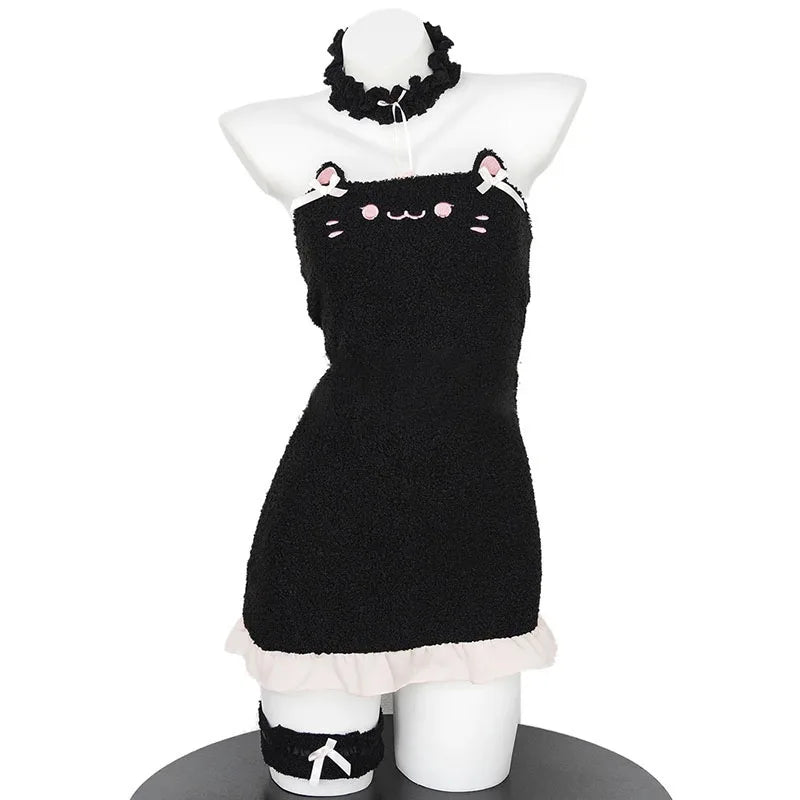 Japanische Maid Bow Plüschanzug Sexy Anime Cartoon Niedliche schwarze Katze Plüschkleid Uniform Plüsch Schatz Katze Mädchen Minikleid Cosplay So ist Leben