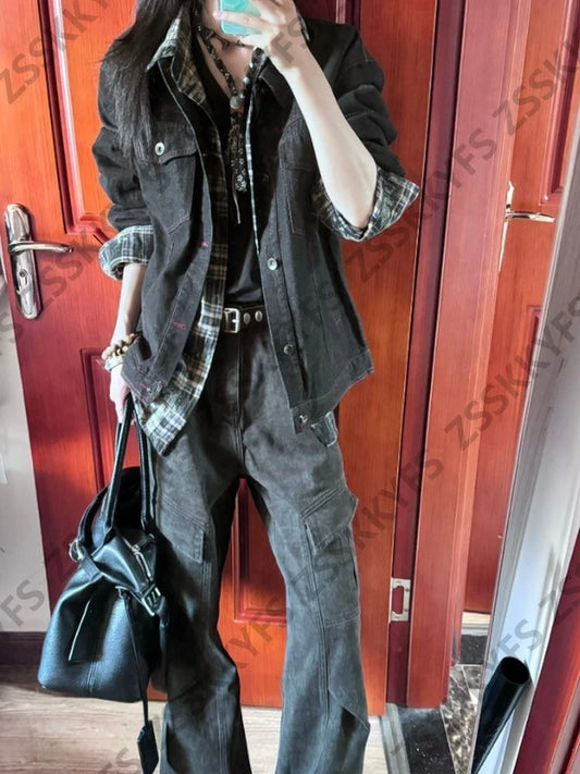 Ästhetik Mantel Goth Punk Vintage Denim Shirt Y2k 2000er Jahre High Street Harajuku Button Plaid Basics Hot Girl Grunge Emo Jacke Chic So ist Leben