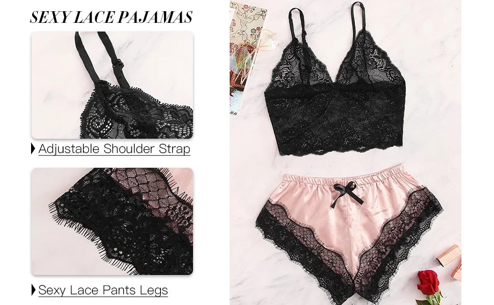 1Damen 2-teiliges sexy Spitzen-Pyjama-Set, durchsichtiges Bralette, Cami-Top und Shorts, atmungsaktive Nachtwäsche, Sommer-Dessous in Übergröße So ist Leben