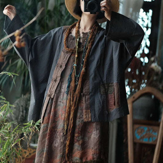 Damen-Langarmshirt im Retro-Stil, Strickjacke, Patchwork, Leinenstoff, ausgewaschen, farblich abgestimmt, Vintage-Grau, lockere Passform, lässig So ist Leben