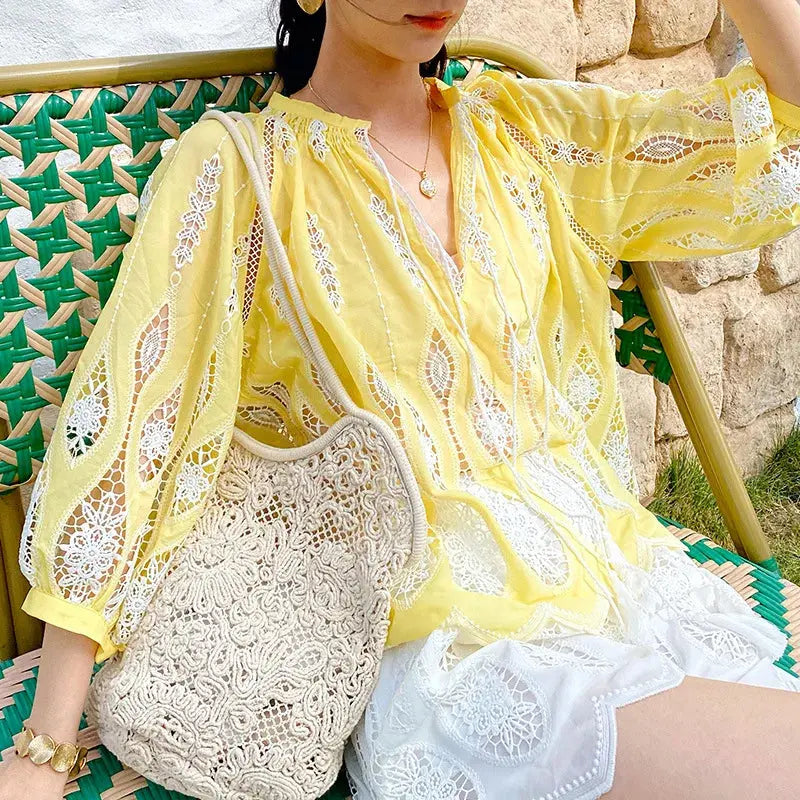 Stickerei Sommer Lose Frauen Bluse Blau Weiß Tops - So ist Leben