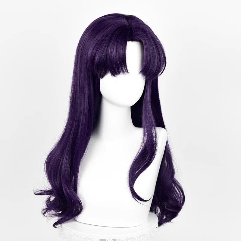 Anime EVA Katsuragi Misato Cosplay Perücke 55 cm Lange Perücke Schwarz Lila Lockiges Haar Hitzebeständige Synthetische Perücken Halloween Party So ist Leben
