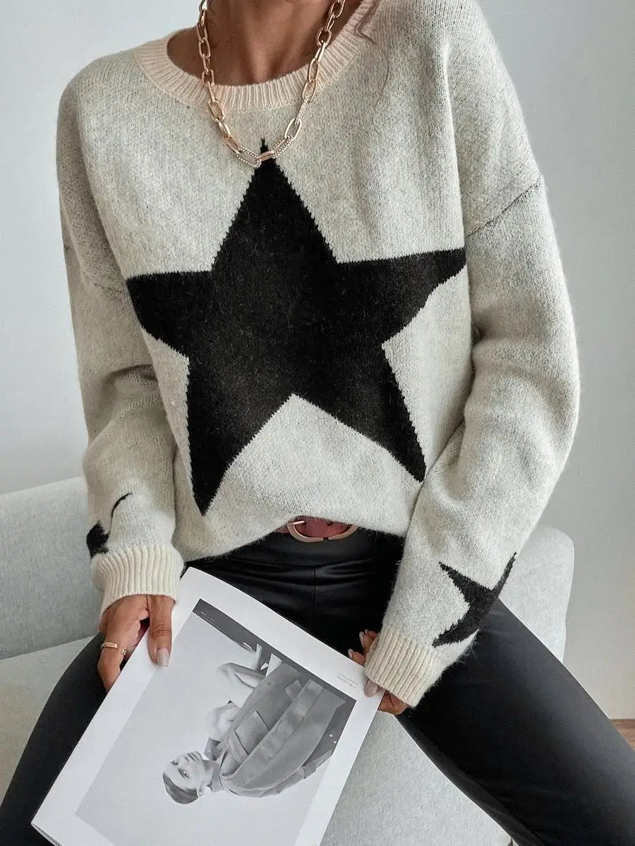 Stern Pullover Pullover Frauen Herbst Frühling Einfache Strick Elastische Pullover Jumper Casual Dicke Warme Schwarz Weiß Grundlegendes Jumper So ist Leben