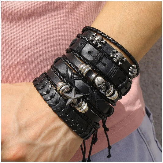 Punk Multilayer Antike Leder Armband Set Schädel Auge Stern Charms Hiphop Rock Y2K Vintage Pu Gothic Armband Mann Goth Schmuck So ist Leben