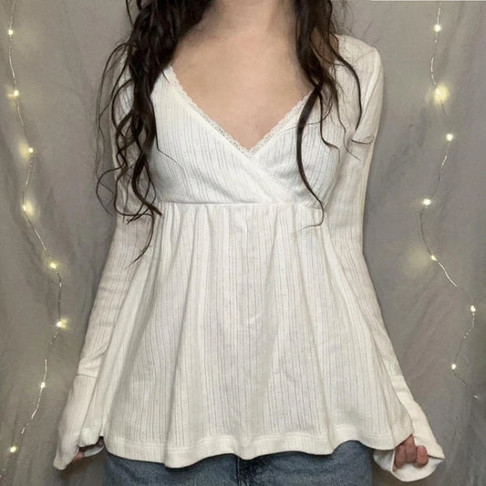 Frauen Fee Y2k Cottage T-shirt Kokette V-ausschnitt Langarm Babydoll Tees Herbst Frühling Casual Pullover Tops Vintage Kleidung So ist Leben