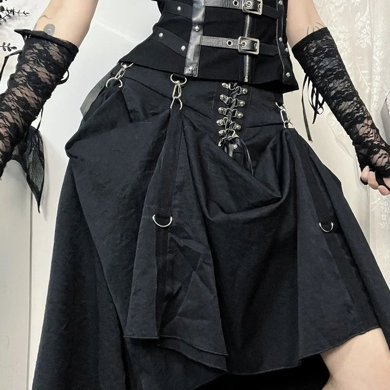 Goth Dark Acubi Mode Schwarz Swing A-linie Rock Punk Grunge Metall Schnalle Streetwear Frauen Bandage Röcke Mall Gothic Alt Tuch So ist Leben