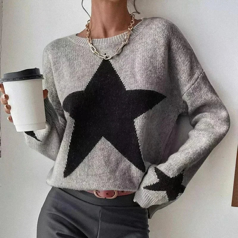 Stern Pullover Pullover Frauen Herbst Frühling Einfache Strick Elastische Pullover Jumper Casual Dicke Warme Schwarz Weiß Grundlegendes Jumper So ist Leben