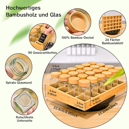 Gewürzregal aus natürlichem Bambus mit 24 quadratischen Glasgewürzgläsern und 180 schwarzen Etiketten, Gewürz-Organizer für einfache Bewegen So ist Leben