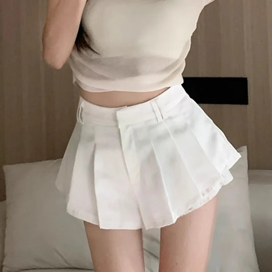 Koreanische Süße Spitze Spleißen Design Hohe Taille Plissee Abnehmen Modische A-Linie Mini Rock Hosen für Kurze Frauen So ist Leben