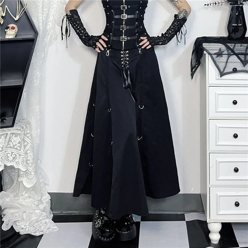 Goth Dark Acubi Mode Schwarz Swing A-linie Rock Punk Grunge Metall Schnalle Streetwear Frauen Bandage Röcke Mall Gothic Alt Tuch So ist Leben