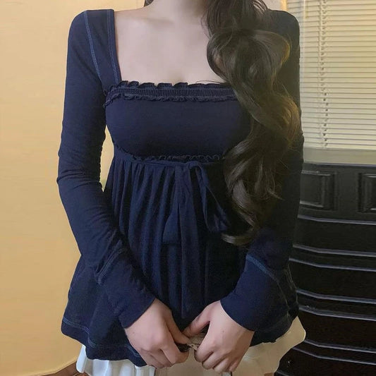 Cottage Fairy Y2k Front Tie-up Milkmaid Tops Damen Babydoll T-Shirt 90er Jahre Vintage Square Collar Langarm Schößchen Bluse T-Shirts So ist Leben