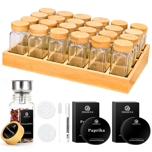 Gewürzregal aus natürlichem Bambus mit 24 quadratischen Glasgewürzgläsern und 180 schwarzen Etiketten, Gewürz-Organizer für einfache Bewegen So ist Leben