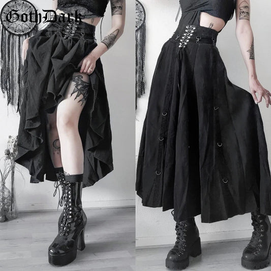 Goth Dark Acubi Mode Schwarz Swing A-linie Rock Punk Grunge Metall Schnalle Streetwear Frauen Bandage Röcke Mall Gothic Alt Tuch So ist Leben