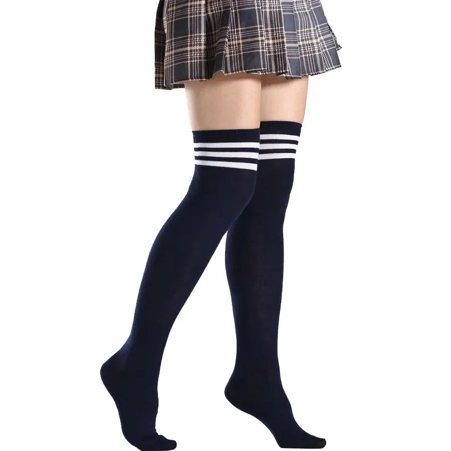 Overknee-Oberschenkelstrümpfe für Damen im akademischen Stil, schwarz-weiß gestreift, lange Socken, Overknee-Strümpfe für Damen und Mädchen, warmes Knie So ist Leben