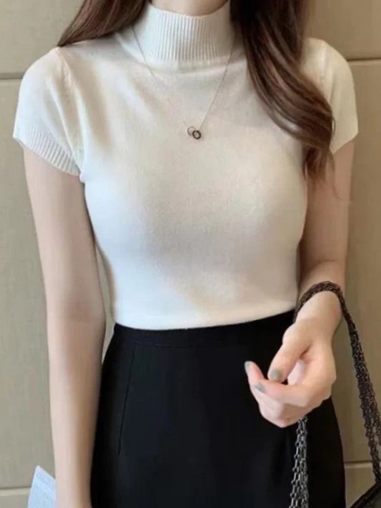 2025, mode Frau Pullover Kurzarm Herbst Tops Frauen Rollkragen Gestrickte Pullover Koreanischen Stil Elegante Feste Dünne Tops So ist Leben