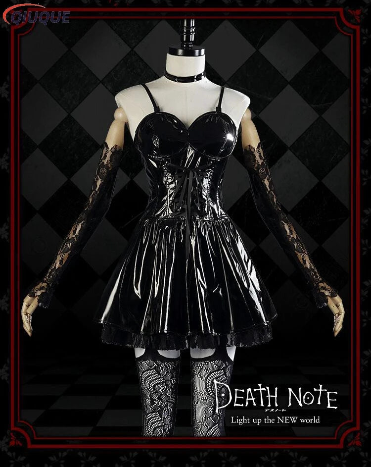 Misa Amane Cosplay Kostüm Perücke Kunstleder Sexy Kleid Halskette Spitze Ärmel Strümpfe Frauen Uniformen Anime Outfits