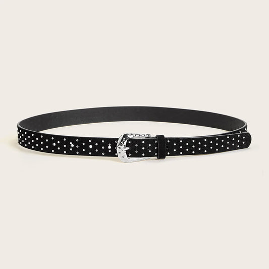 Schwarzer Samt-Gürtel mit Krallenperlen, modischer Jeansgürtel mit Nietenschnalle, vielseitig, stilvoll, OL, schlicht, modisch, geometrische Elemente für den Pendelverkehr So ist Leben