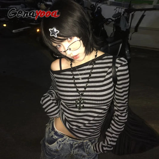 Genayooa Japanisches Y2k-T-Shirt für Damen, langärmelig, schulterfrei, gestreift, Crop-Tops, Y2k-Grunge, 2000er-Jahre, ästhetische Streetwear-T-Shirts So ist Leben