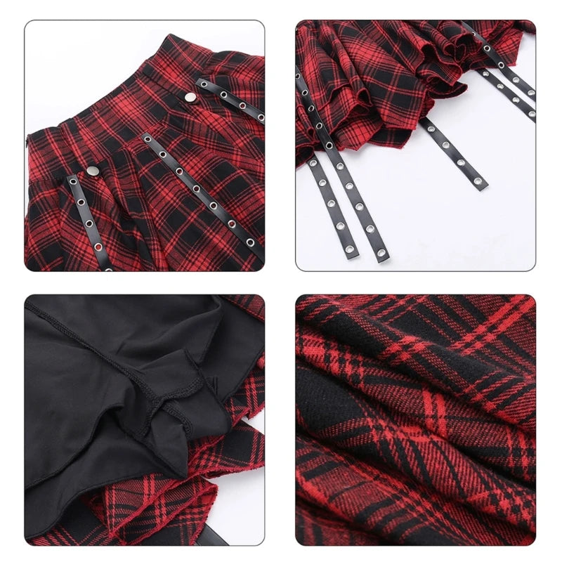 Damen Gothic-Minirock mit Ösen, Bandagen, Karomuster, gestuft, plissiert, A-Linie So ist Leben