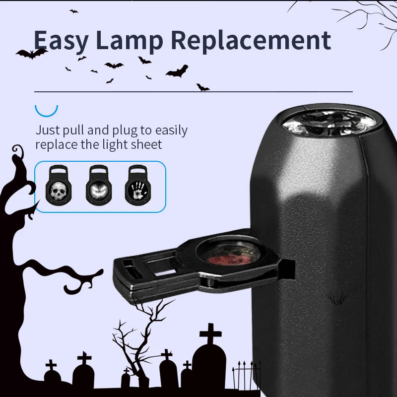 Halloween-USB-Projektorlicht, Totenkopf-Nachtlicht, Geister-LED-Lampe, 360 Grad drehbar, umschaltbares Muster, Design, dunkle und nächtliche Atmosphäre So ist Leben
