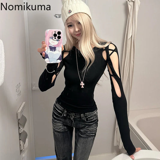 Crop Tops T-shirts für Frauen Oansatz Langarm Schwarz Tees Mode Lässig Koreanische Camisetas Y2k Top Aushöhlen Sexy Sommer T-shirt So ist Leben
