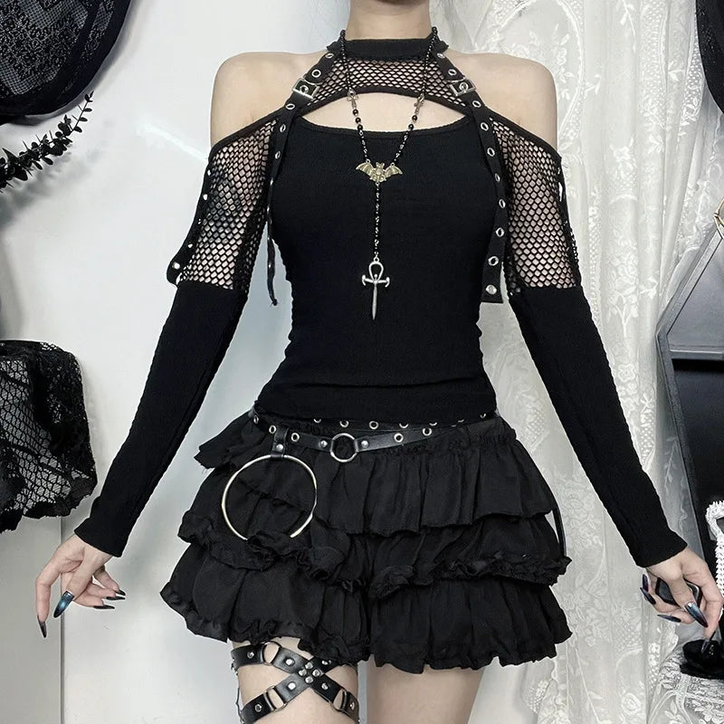 Goth Dark Punk Grunge Fishnet Patchwork Off Schulter T-shirts Trim Mais Strap Halter Tops Herbst Mall Gothic Streetwear T-shirt So ist Leben