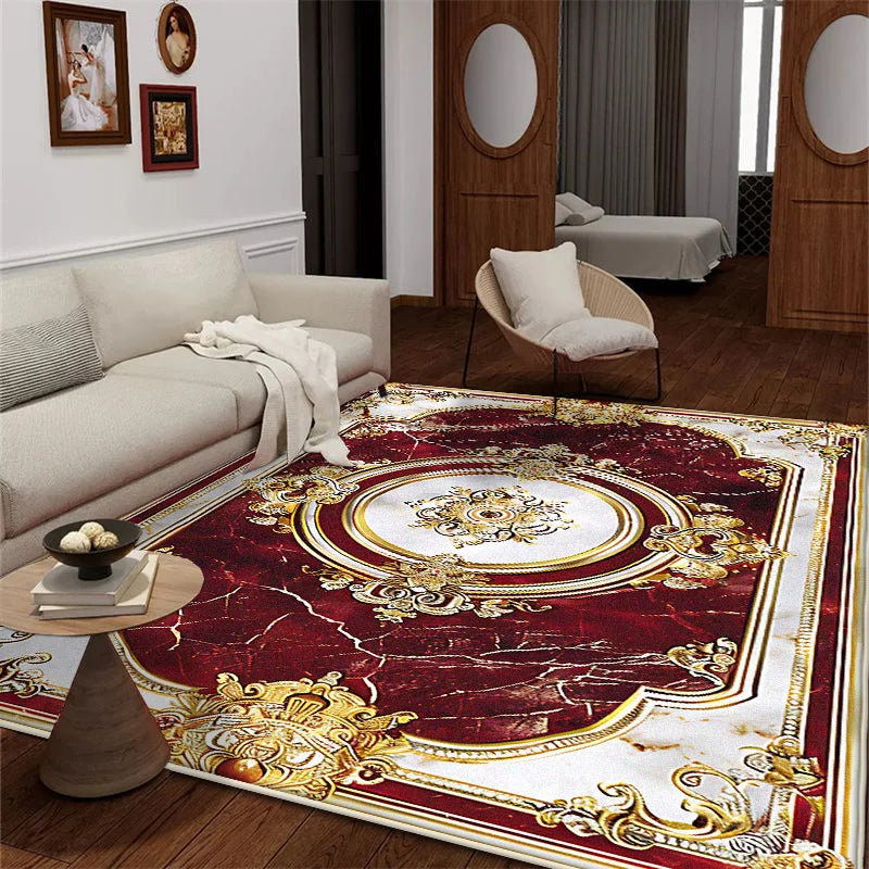 Wohnzimmer mit großem Teppich im roten Design im europäischen Stil - So ist Leben