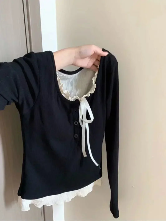 Langarm Shirt Damen mit Schleifen‑Detail im Korean Style - So ist Leben